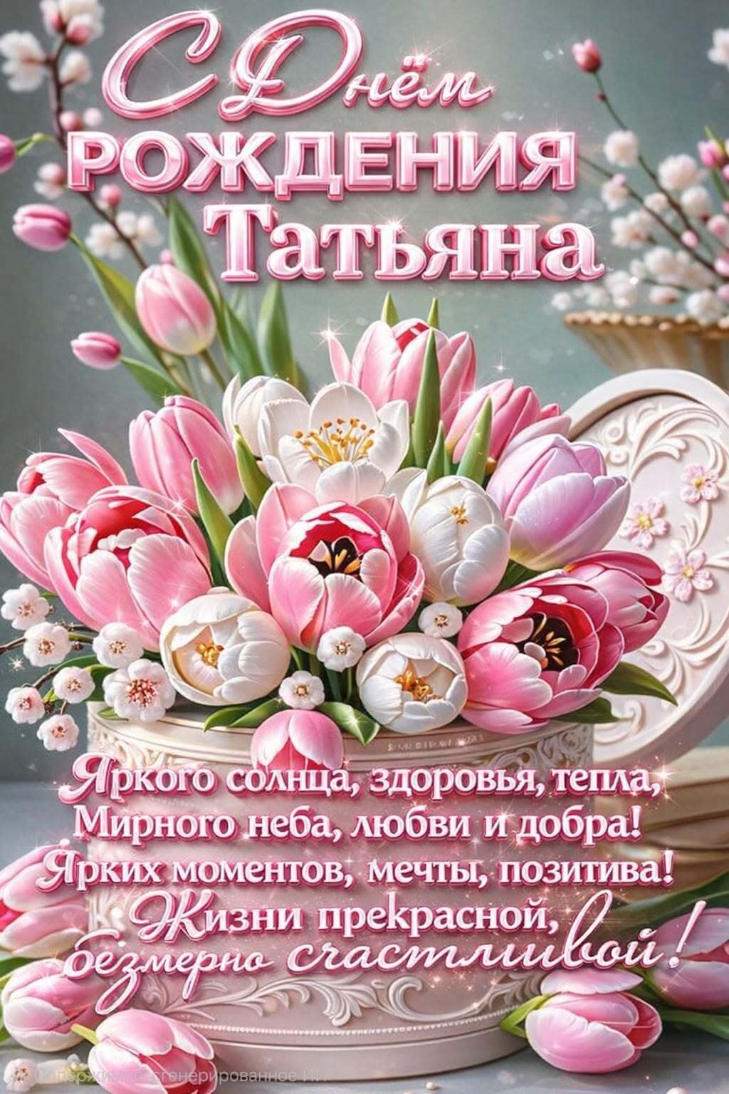 Открытка с днем рождения Татьяна Таня. С днем рождения Татьяна a poster with pink flowers in the center and words on it that say happy mother's day