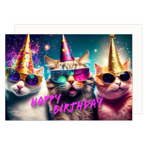 Открытка с Днем рождения с котиками. three cats wearing party hats and sunglasses with the words happy birthday written on it's side