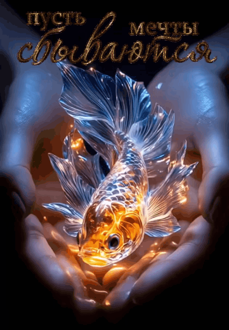 Открытка с днем рождения другу. two hands holding a goldfish in front of a black background with the words happy new year