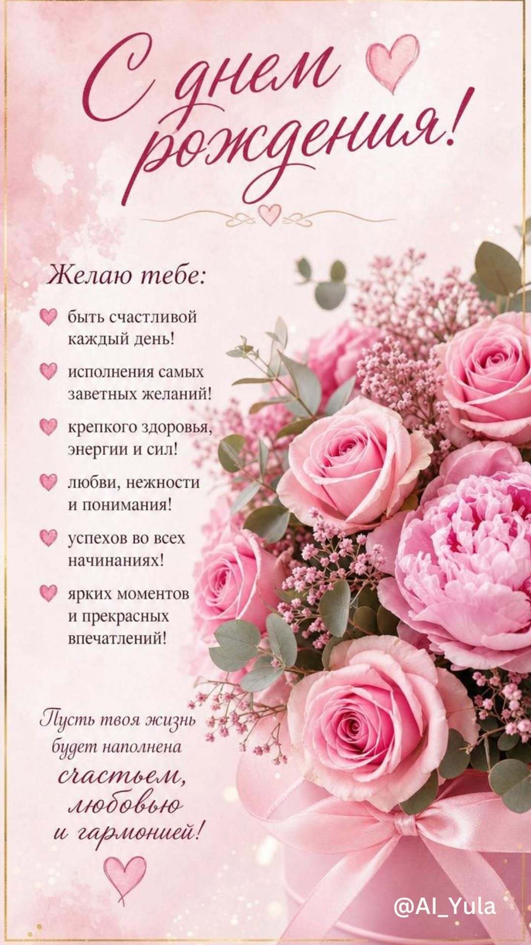 Открытка с днем рождения женщине. a bouquet of pink roses with the words congratulations in russian