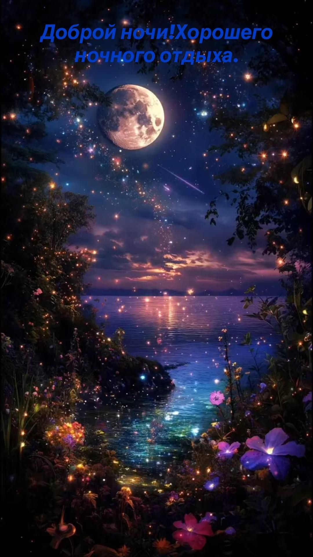 Открытка спокойной ночи. Доброй ночи!Хорошего ночного отдыха. the night sky with stars and flowers in it Открытка спокойной ночи. Доброй ночи!Хорошего ночного отдыха. the night sky with stars and flowers in it