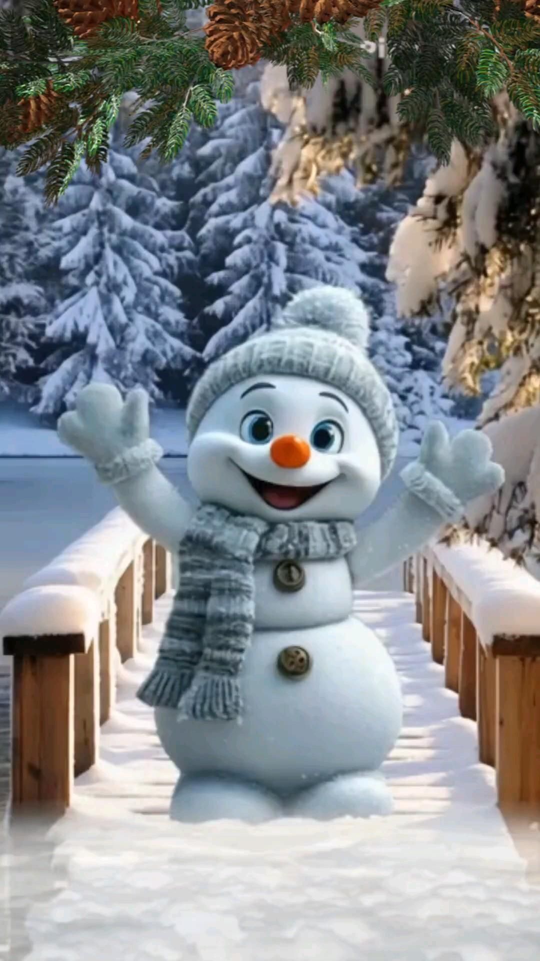 Открытка с Новым годом. a snowman is standing in the snow with his arms up and hands out to the side