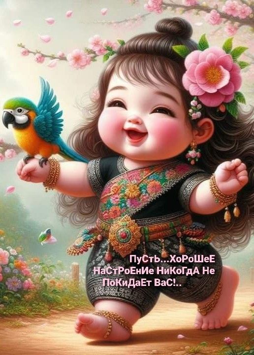 Открытка хорошего дня и настроения. Девочка с попугаем.