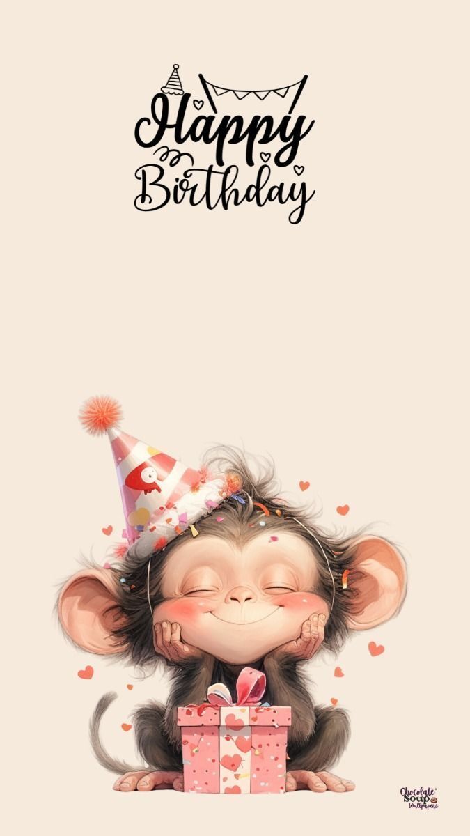 Открытка с днем рождения. a happy birthday card with a monkey holding a gift box and wearing a party hat