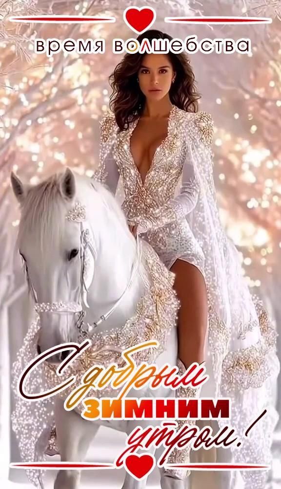 Открытка с добрым зимним утром. a woman in a white dress sitting on top of a white horse next to trees