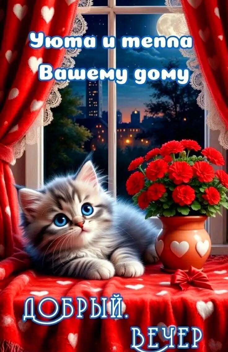 Открытка добрый вечер. Котенок у окна, цветы. Уюта и тепла Вашему дому.