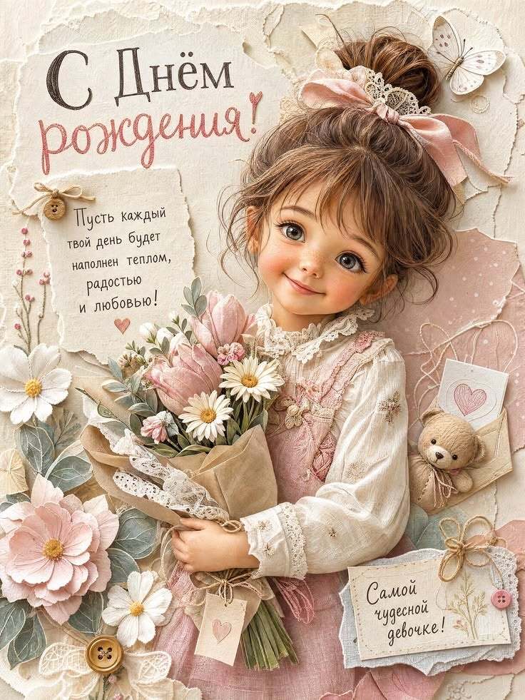 Открытка с днем рождения ребенку. Самой чудесной девочке! Девочка с цветами.