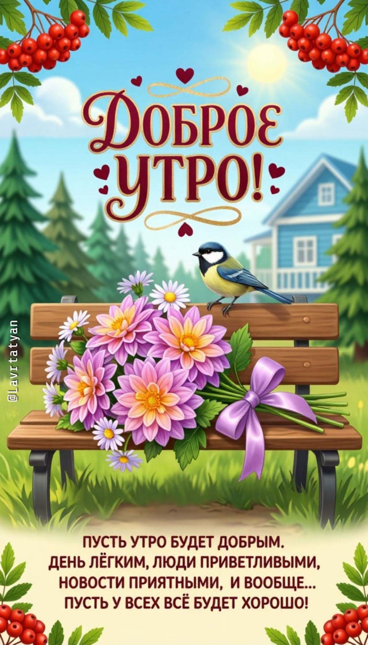 Открытка с добрым утром. Цветы на скамейке, синичка. Открытка с добрым утром. Цветы на скамейке, синичка.