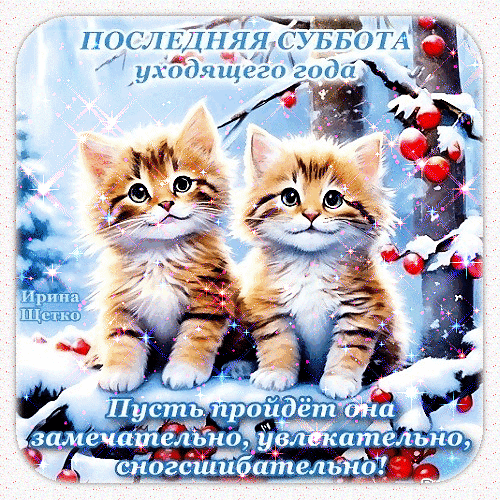 Поздравление с последней субботой года: два милых рыжих котенка в зимнем саду. Красивая открытка с пожеланиями отличного праздничного дня! Анимированная открытка С субботой! Милая поздравительная открытка с двумя пушистыми рыжими котятами на фоне зимнего пейзажа с заснеженными ветками и красными ягодами. На картинке расположен текст на русском языке: «Последняя суббота уходящего года. Пусть пройдет она замечательно, увлекательно, сногсшибательно!»