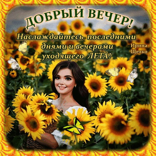 Открытка «Добрый вечер!» с пожеланием насладиться последними днями лета. Красивая девушка, подсолнухи и бабочки в теплых летних тонах. Анимированная открытка Добрый вечер! Красивая поздравительная открытка с пожеланием доброго вечера. На изображении улыбающаяся девушка в окружении ярких подсолнухов и летающих бабочек. Надпись на русском языке гласит: «ДОБРЫЙ ВЕЧЕР! Наслаждайтесь последними днями и вечерами уходящего ЛЕТА!». Теплые летние тона, солнечная атмосфера и эстетика природы создают уютное и позитивное настроение Открытка «Добрый вечер!» с пожеланием насладиться последними днями лета. Красивая девушка, подсолнухи и бабочки в теплых летних тонах. Анимированная открытка Добрый вечер! Красивая поздравительная открытка с пожеланием доброго вечера. На изображении улыбающаяся девушка в окружении ярких подсолнухов и летающих бабочек. Надпись на русском языке гласит: «ДОБРЫЙ ВЕЧЕР! Наслаждайтесь последними днями и вечерами уходящего ЛЕТА!». Теплые летние тона, солнечная атмосфера и эстетика природы создают уютное и позитивное настроение