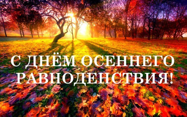Праздничная открытка к осеннему равноденствию с надписью «С днем осеннего равноденствия!» на фоне золотого осеннего парка и ярких кленовых листьев. Открытка С Днем Равно Осеннего Равноденствия! Красивое поздравительное изображение к осеннему равноденствию. На картинке запечатлен живописный осенний парк в лучах закатного солнца, пробивающегося сквозь кроны деревьев. На переднем плане — яркий ковер из опавших кленовых листьев насыщенных красных, оранжевых и желтых оттенков. В центре композиции расположена праздничная надпись на русском языке: «С ДНЕМ ОСЕННЕГО РАВНОДЕНИЯ!». Атмосфера изображения передает уют, тепло золотой осени и магию природного перехода
