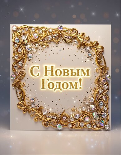 Роскошная золотая новогодняя открытка с надписью «С Новым Годом!», украшенная бриллиантами и изысканным орнаментом. Праздничный дизайн высокого качества. Открытка С Новым годом! Элегантная поздравительная открытка к Новому году в роскошном золотом стиле. Композиция представляет собой изысканную золотую раму с филигранным орнаментом, украшенную сияющими бриллиантами и кристаллами. В центре на светлом фоне расположена золотистая надпись на русском языке «С Новым Годом!», окруженная мерцающими искрами и золотой пыльцой. Изображение выполнено в высоком качестве с эффектом 3D, создавая праздничную, торжественную и премиальную атмосферу