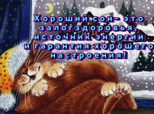 Уютная картинка с рыжим котом и цитатой о пользе сна: «Хороший сон — это залог здоровья и источник энергии!». Идеально для пожелания доброй ночи. Открытка Хороший сон залог здоровья Уютная зимняя иллюстрация с рыжим котом, спящим на фоне заснеженного дома под лунным светом. На картинке размещена вдохновляющая цитата на русском языке: «Хороший сон — это залог здоровья, источник энергии и гарантия хорошего настроения!»