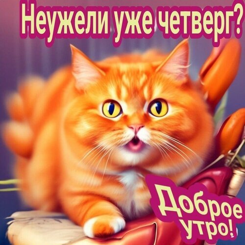Смешная картинка с удивленным рыжим котом. Надписи: «Неужели уже четверг?» и «Доброе утро!». Идеальная открытка-мем для поднятия настроения в четверг. Открытка Доброе утра четверга Забавное и эмоциональное изображение рыжего кота с широко открытыми глазами и удивленным выражением мордочки. На картинке расположены надписи на русском языке: сверху крупными буквами «Неужели уже четверг?», а снизу — «Доброе утро!». Изображение передает комичный эффект неожиданности от приближения конца рабочей недели