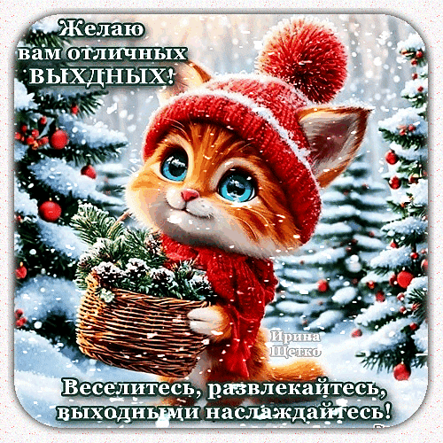 Милая открытка с рыжим котенком в зимней шапке. Пожелание отличных выходных, веселья и отдыха на фоне заснеженного леса. Идеально для поздравления! Анимированная открытка Отличных выходных! Милая открытка с рыжим котенком в красной вязаной шапке и шарфе, который несет корзинку с еловыми ветками на фоне заснеженного зимнего леса. Картинка наполнена праздничным настроением и пожеланиями отличных выходных. Идеально подходит для поздравлений в мессенджерах и социальных сетях