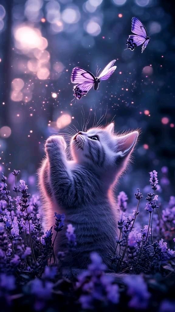 Открытка хорошего дня и настроения. a kitten looking up at a butterfly in the sky
