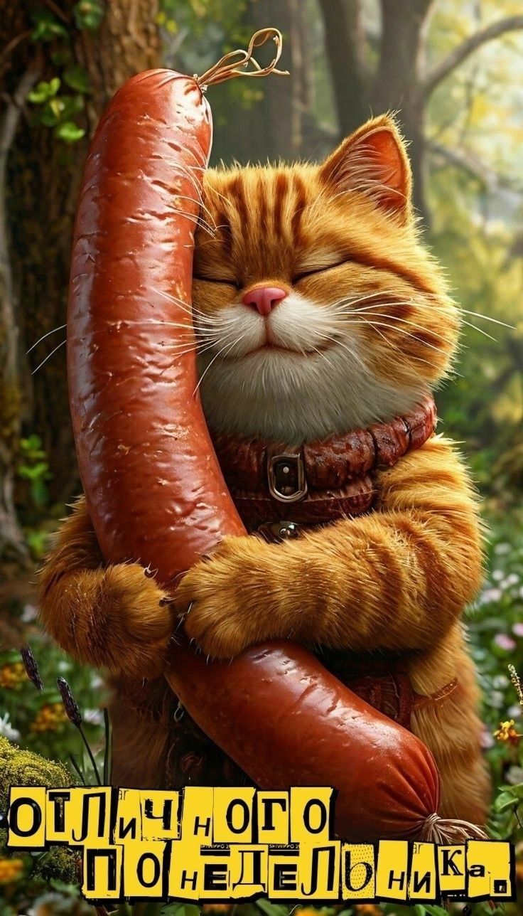 Открытка на понедельник. Кот с колбасой.