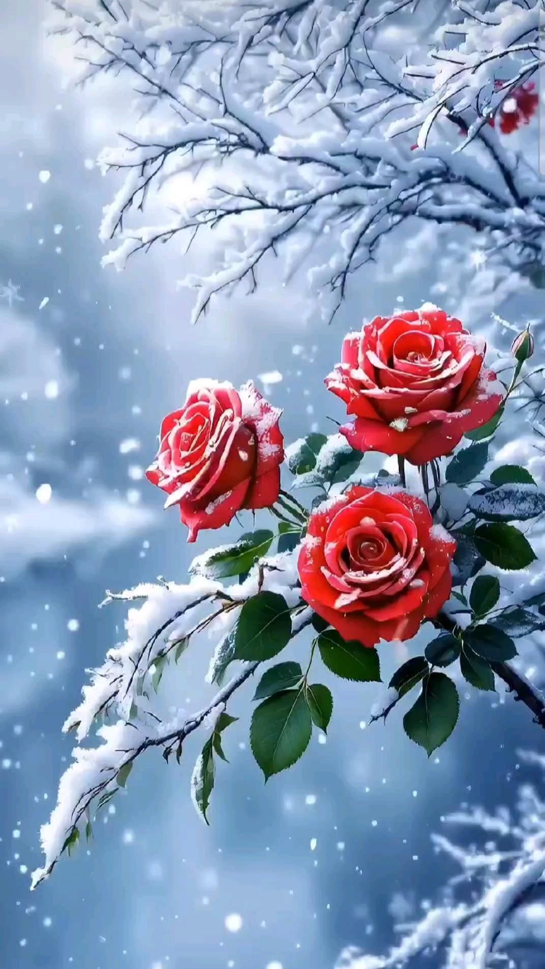 Открытка на Зиму. 🌹❄ three red roses are sitting on a branch in front of the snow covered tree branches