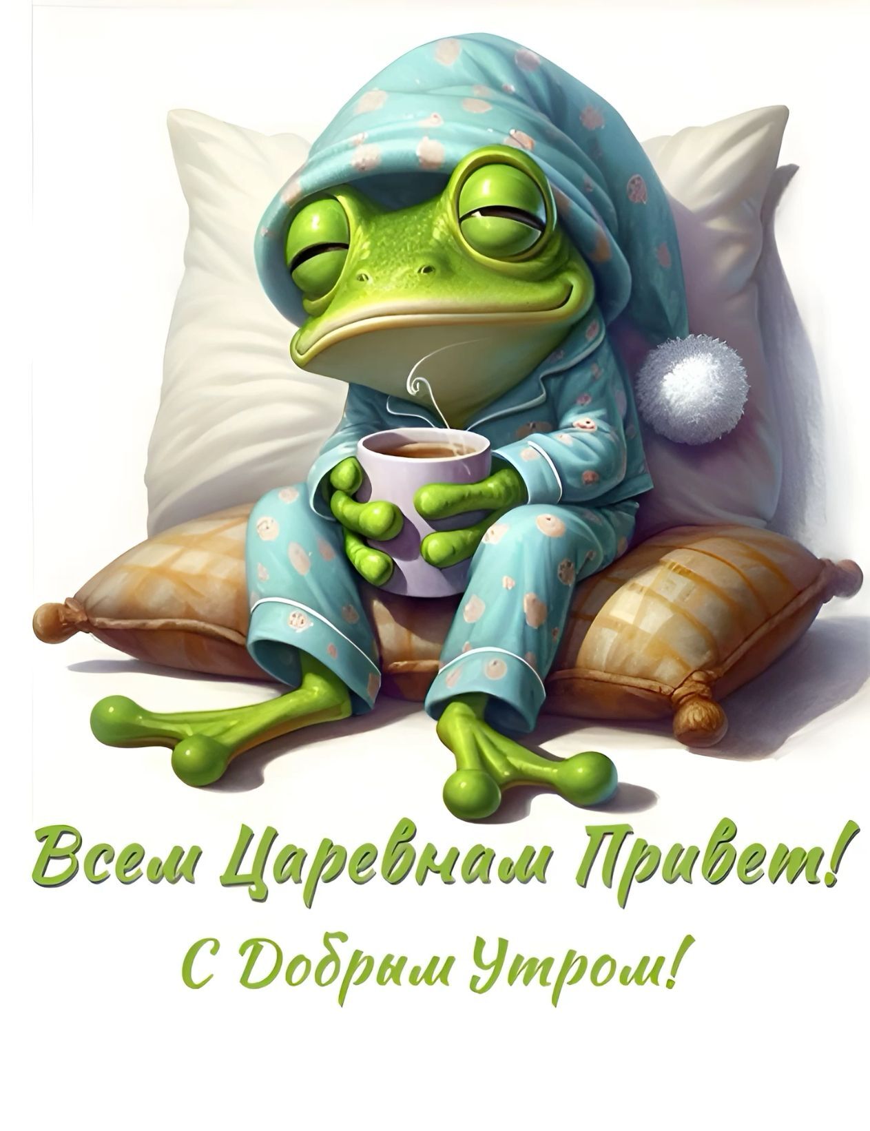 Открытка с добрым утром. Лягушка с кофе. Всем Царевнам привет! Открытка с добрым утром. Лягушка с кофе. Всем Царевнам привет!