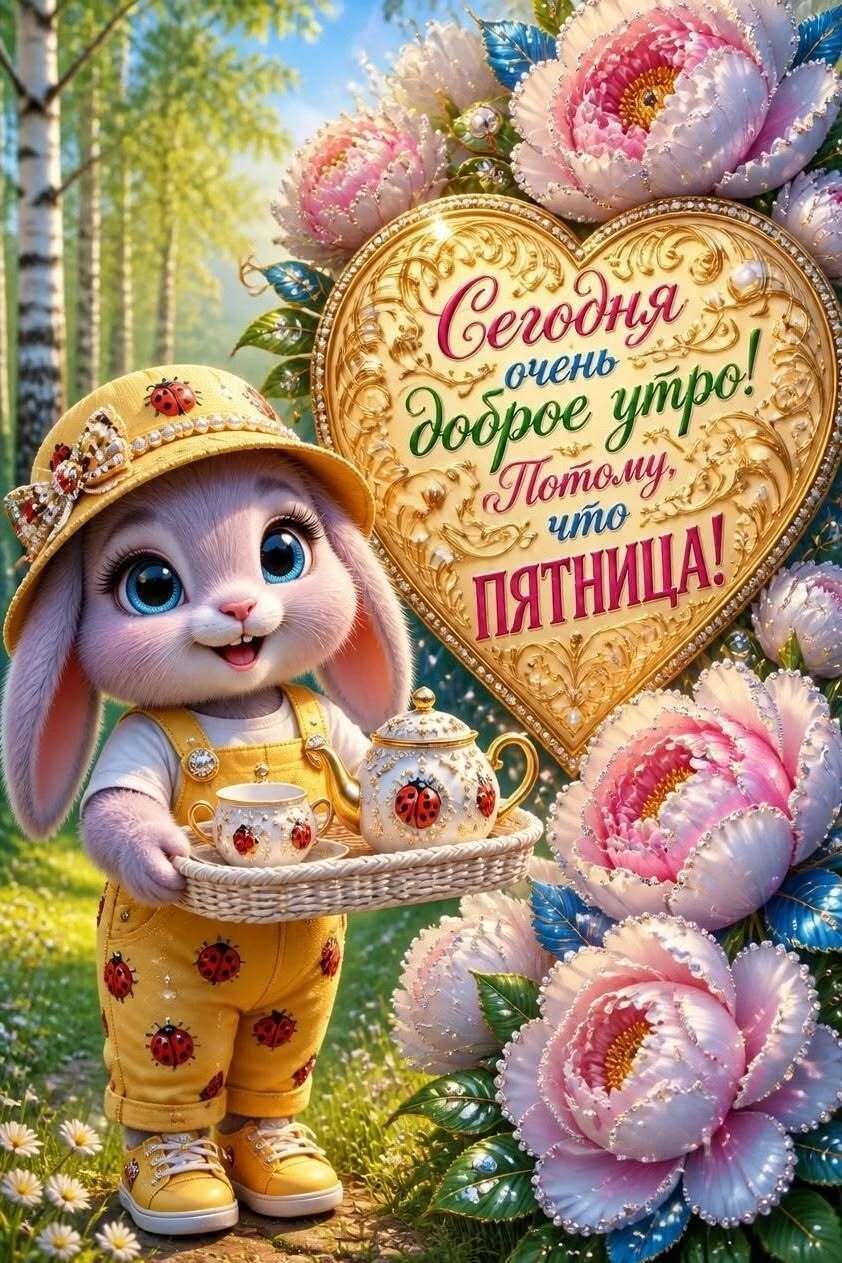 Открытка на пятницу. Розовый кролик с чаем.