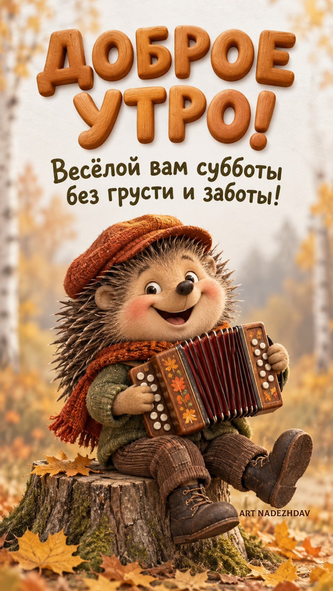 Открытка с добрым осенним утром. Ежик с гармошкой на пеньке.