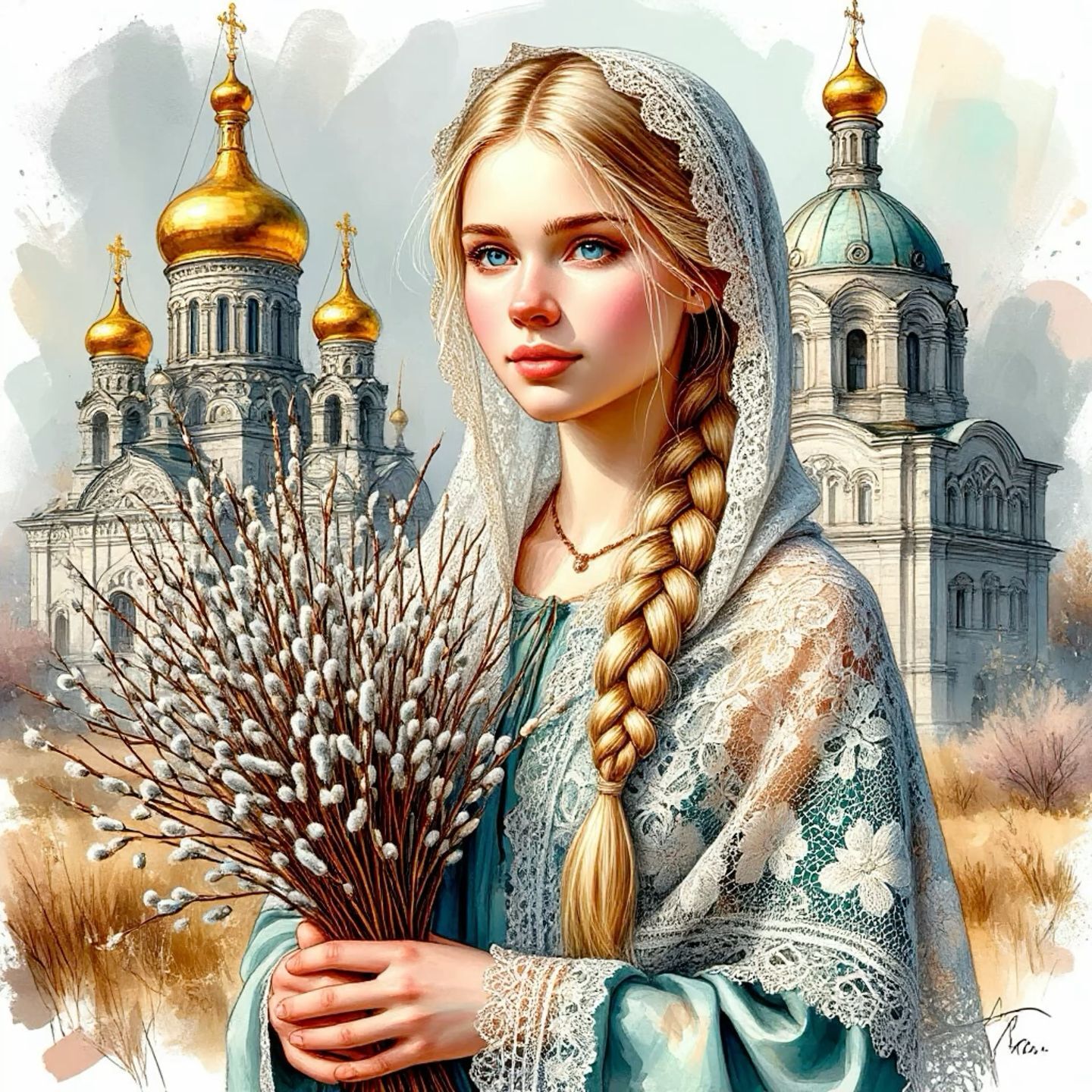 Открытка с Вербным Воскресеньем. #открытка #вербноевоскресенье#весна Вербное воскресенье! a painting of a woman holding a bunch of flowers in front of a building with golden domes