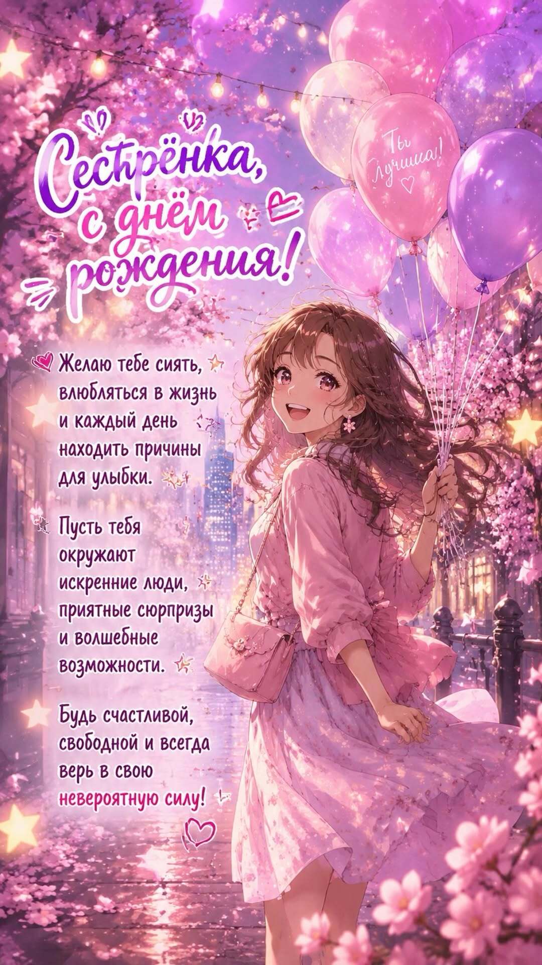 Открытка с днем рождения сестра. #открытка #сднемрожденмя #сестра Открытка с днем рождения, сестра a girl holding balloons in her hand with the words congratulations written on it's back