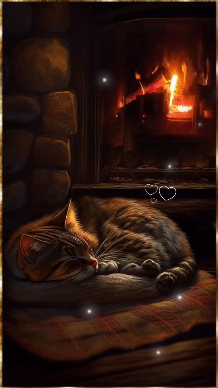 Открытка добрый вечер. Вечерочек a cat sleeping on a blanket in front of a fire place with hearts floating around