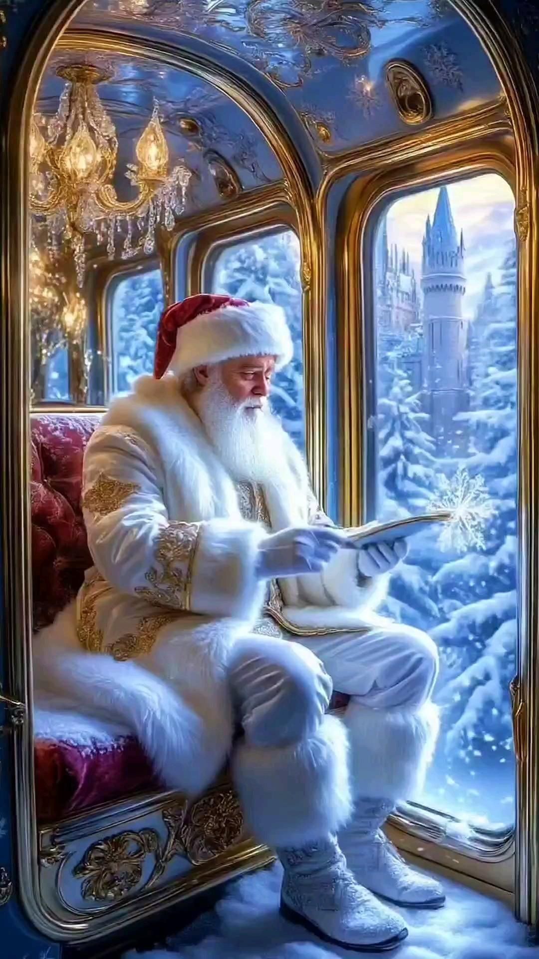 Открытка с Новым годом. a man dressed as santa claus sitting in front of a window