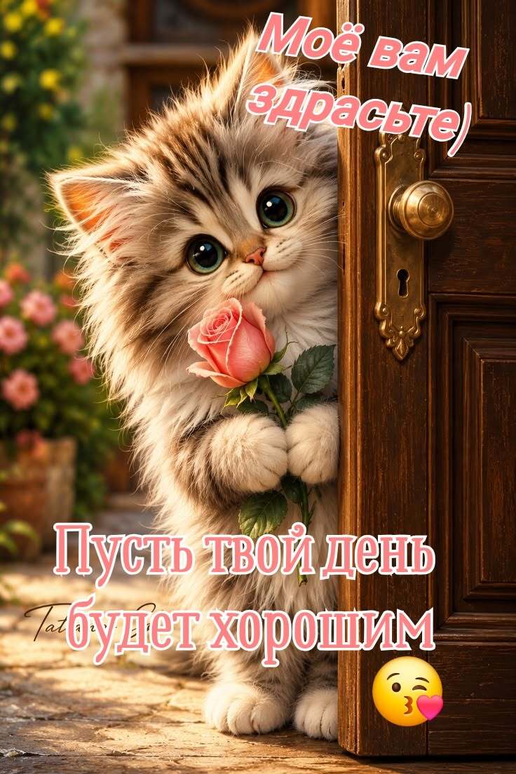 Открытка хорошего дня и настроения. Мое вам здрасьте. Кот с розой.