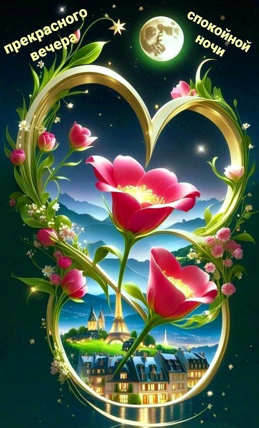 Открытка добрый вечер. a heart shaped frame with flowers in the middle and a moon above it, on a dark background