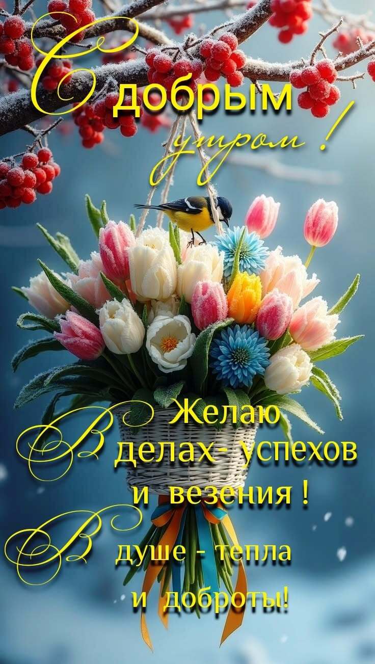 Открытка с добрым утром. Синичка на корзине цветов.