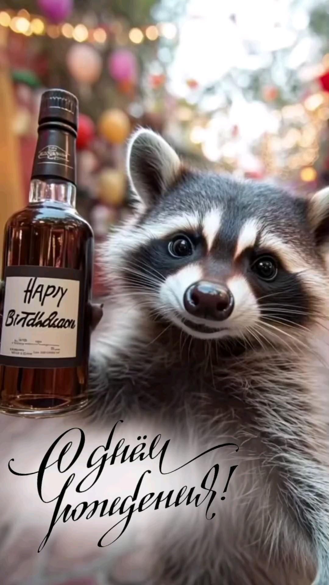 Открытка с днем рождения другу. с Днем Рождения a raccoon with a bottle of whiskey in it's hand and the caption happy christmas