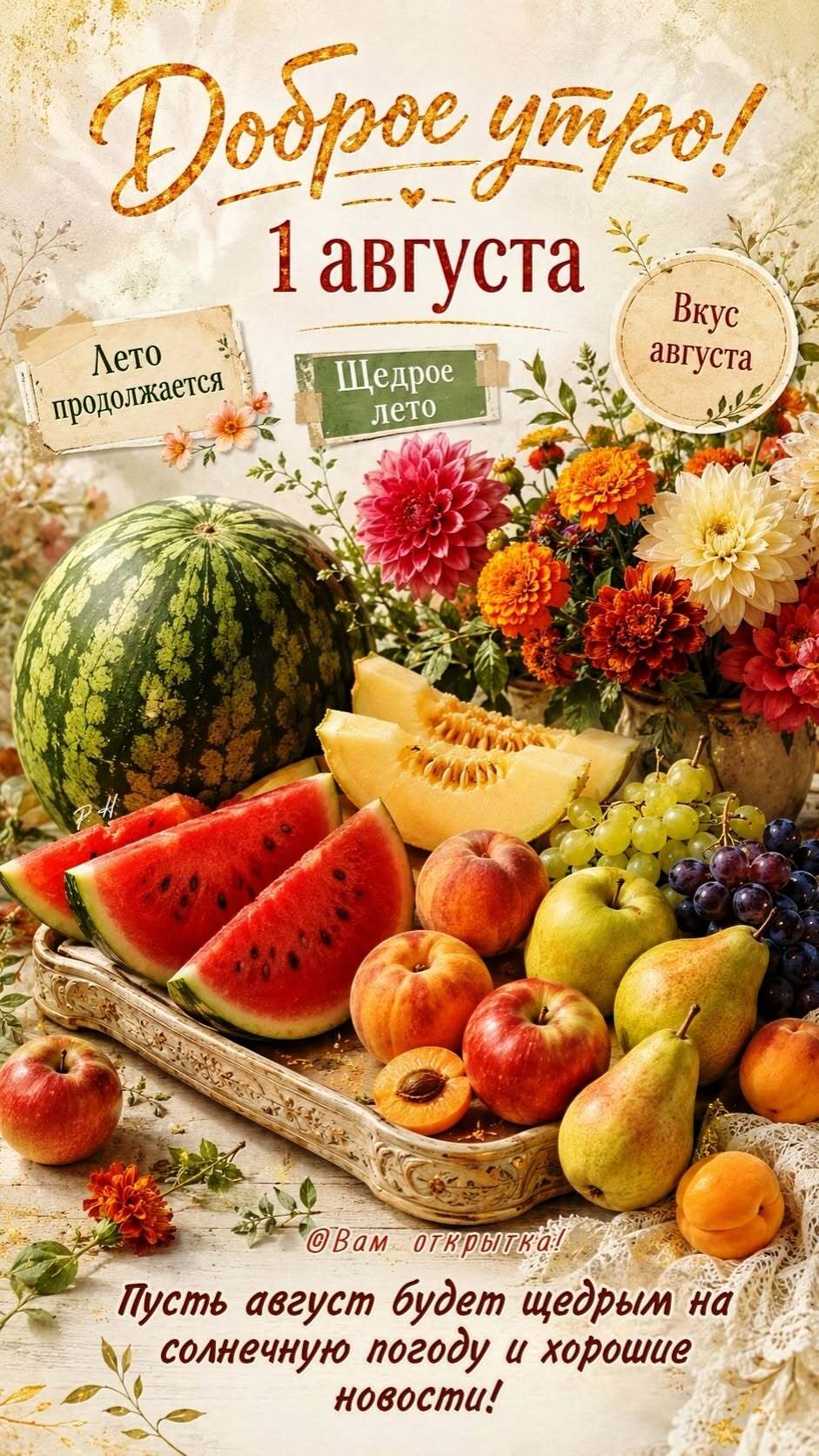 Открытка на лето. 1 августа. Доброе утро.
