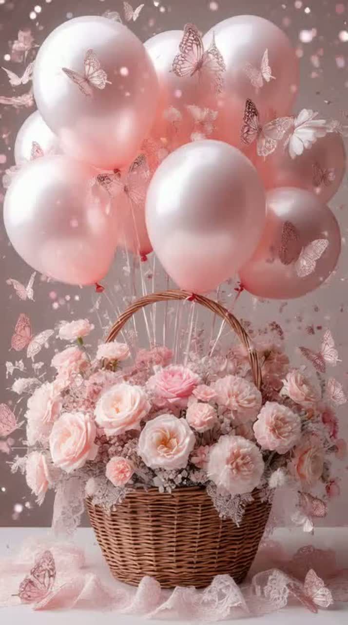 Открытка с днем рождения женщине. Untitled a basket filled with lots of pink flowers next to some white and pink balloons in the air