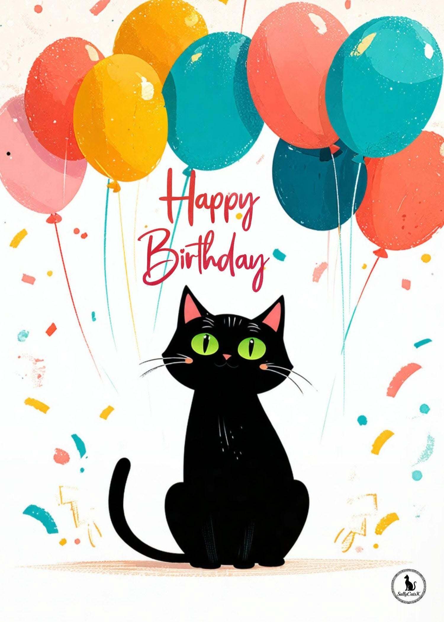Открытка с днем рождения. Black Cat Birthday Card a black cat sitting in front of balloons with the words happy birthday written on it