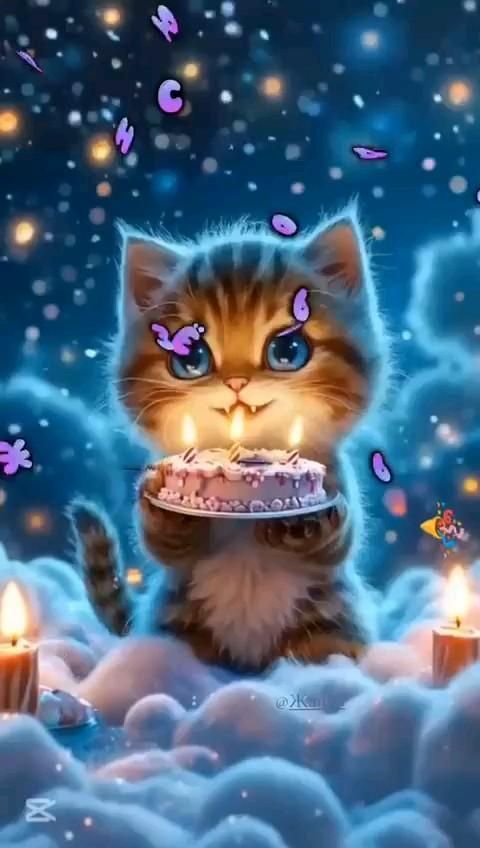 Открытка с днем рождения. a cat holding a birthday cake with lit candles Открытка с днем рождения. a cat holding a birthday cake with lit candles