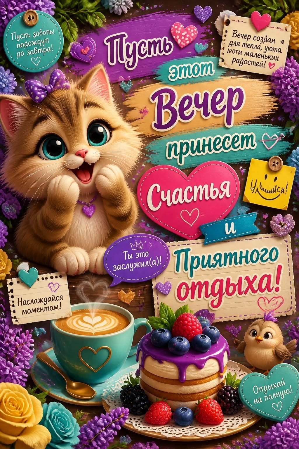 Открытка добрый вечер. Котик желает приятного отдыха.