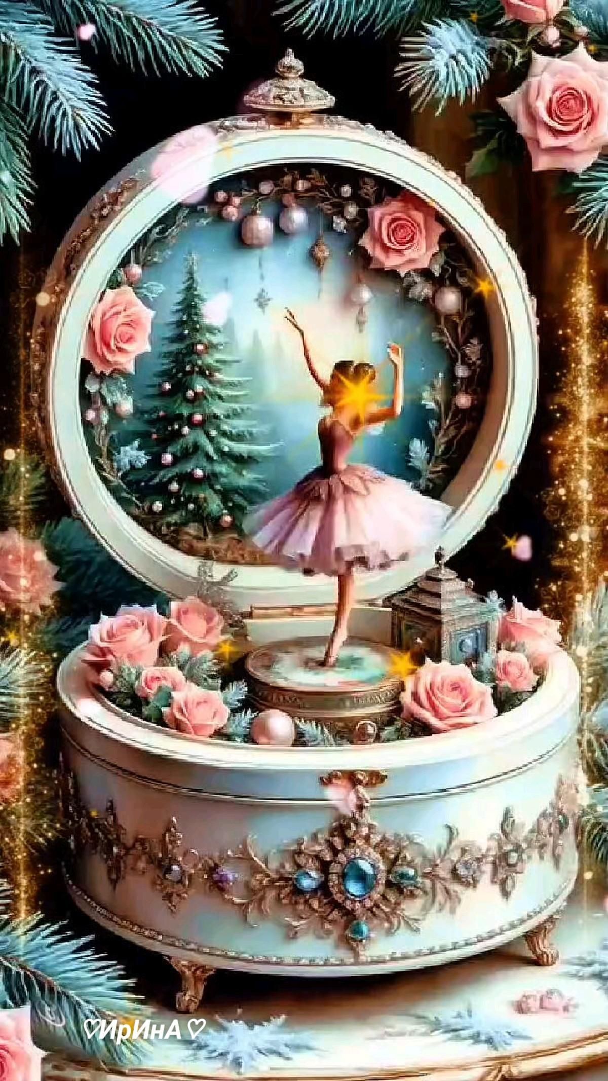 Открытка с Новым годом. #добрыйвечер a painting of a ballerina dancing in front of a christmas tree with pink roses