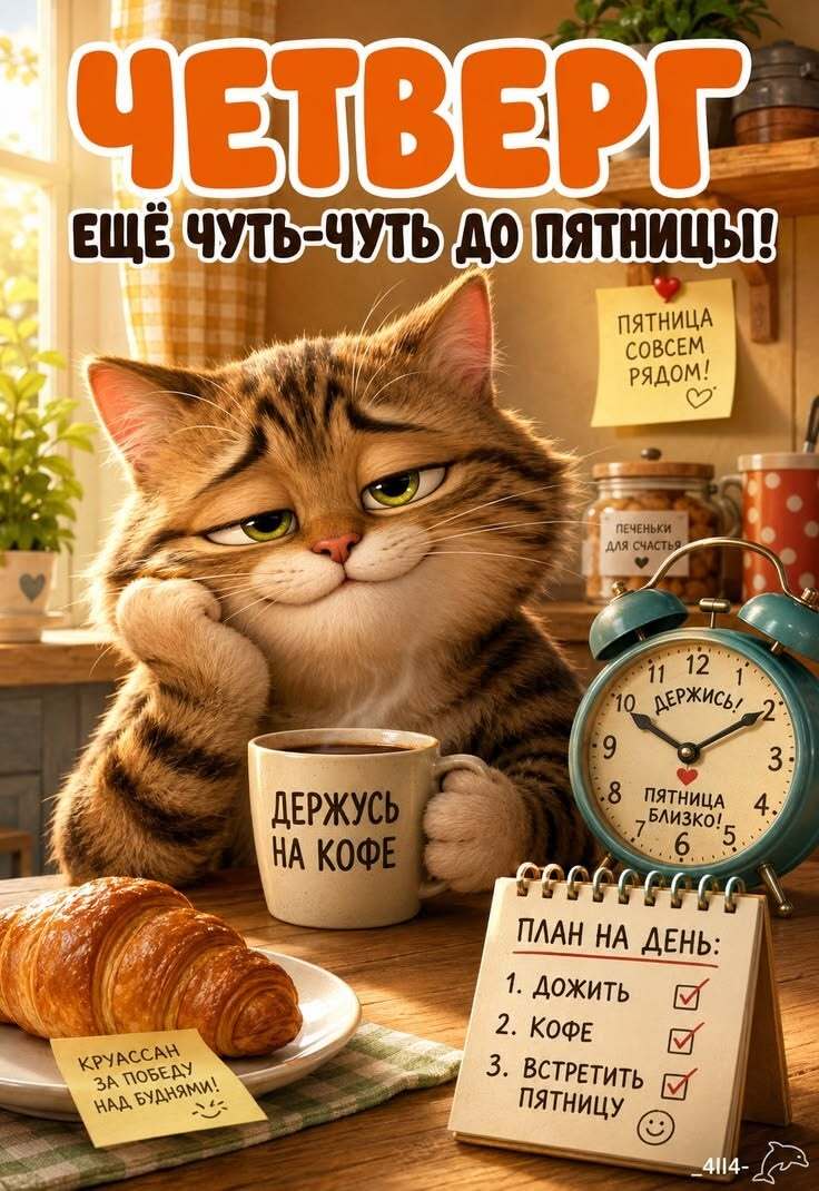Открытка на четверг. Котик держится на кофе.