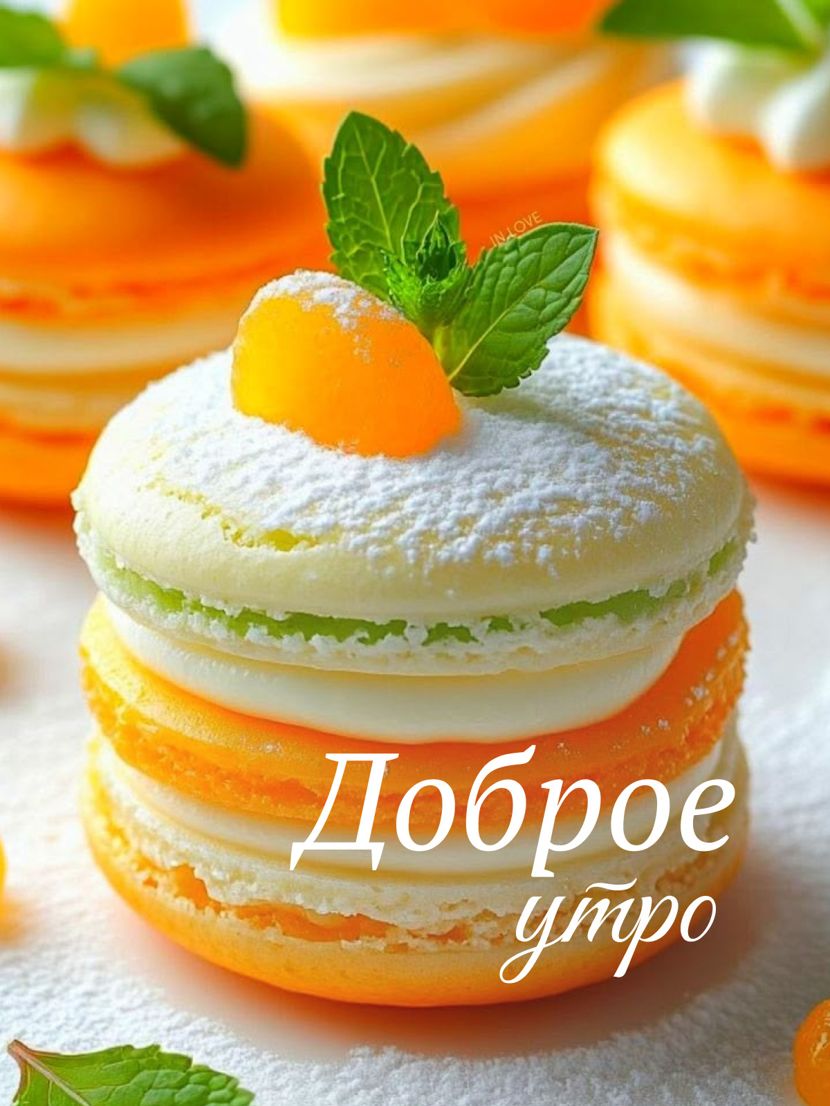 Открытка с добрым утром. Десерт с долькой мандаринки. Открытка с добрым утром. Десерт с долькой мандаринки.