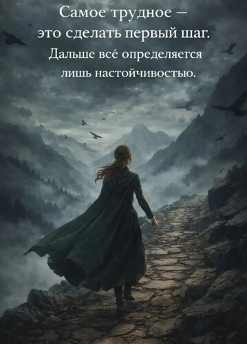 Мотивирующая цитата о первом шаге и настойчивости на фоне туманных гор. Изображение для саморазвития и вдохновения. Открытка Жизнь Атмосферное изображение с мотивирующей цитатой на русском языке: «Самое трудное — это сделать первый шаг. Дальше все определяется лишь настойчивостью». На картинке изображена девушка со спины, идущая по каменистой горной тропе в сторону туманных вершин. Пейзаж выполнен в глубоких, приглушенных тонах, создавая ощущение путешествия, преодоления трудностей и поиска своего пути. Изображение идеально подходит для постов о саморазвитии, психологии успеха, преодолении страхов и мотивации
