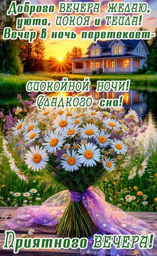Красивая открытка с ромашками на фоне заката: пожелания доброго вечера, уюта и спокойной ночи. Идеально для отправки близким! Открытка Добрый вечер Красивая открытка с пожеланиями доброго вечера и спокойной ночи. На изображении представлен пышный букет белых ромашек на фоне живописного заката у озера и уютного загородного дома. Нежные цветы, теплые лучи солнца и умиротворяющий пейзаж создают атмосферу тепла, уюта и спокойствия Красивая открытка с ромашками на фоне заката: пожелания доброго вечера, уюта и спокойной ночи. Идеально для отправки близким! Открытка Добрый вечер Красивая открытка с пожеланиями доброго вечера и спокойной ночи. На изображении представлен пышный букет белых ромашек на фоне живописного заката у озера и уютного загородного дома. Нежные цветы, теплые лучи солнца и умиротворяющий пейзаж создают атмосферу тепла, уюта и спокойствия