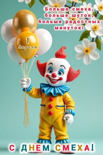 Веселая открытка к 1 апреля с клоуном и воздушными шарами. Надпись: «Больше смеха, больше шуток! С Днем смеха!» — идеальное поздравление с Днем дурака. Открытка С днем смеха! Больше смеха, больше шуток, больше радостных минуток! Яркая праздничная открытка к 1 апреля (Дню смеха). На изображении веселый клоун в желтом костюме держит букет золотистых и белых воздушных шаров. Фон украшен нежными белыми цветами на светло-бирюзовом фоне. Сверху расположен текст: «Больше смеха, больше шуток, больше радостных минуток!», а снизу — поздравительная надпись «С ДНЕМ СМЕХА!»