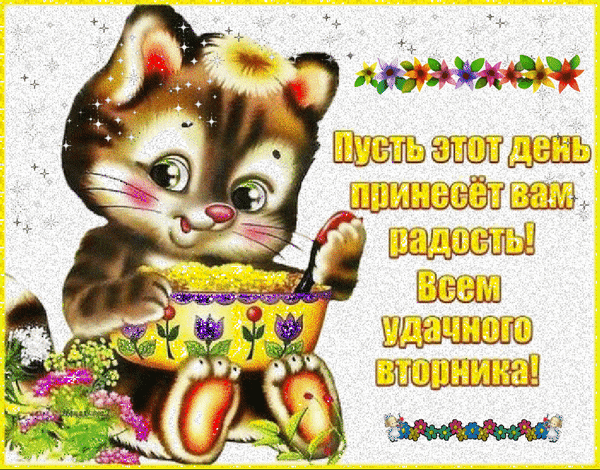 Милая открытка с котенком: «Пусть этот день принесет вам радость! Всем удачного вторника!». Красивое пожелание хорошего настроения на вторник. Анимированная открытка Всем удачного вторника! Милая поздравительная открытка с изображением очаровательного котенка, который держит миску с золотистой кашей или зерном. На картинке размещен вдохновляющий текст на русском языке: «Пусть этот день принесет вам радость! Всем удачного вторника!»