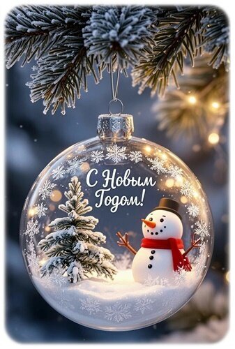 Красивая новогодняя открытка со снеговиком и елочкой внутри стеклянного шара. Надпись «С Новым годом!» на фоне заснеженных ветвей и огней гирлянды. Открытка С Новым годом! Праздничная новогодняя открытка с изображением стеклянного шара-снежного шара. Внутри прозрачного шара находится заснеженная елочка и милый улыбающийся снеговик в красном шарфе, стоящий на пушистом снегу. На переднем плане видна надпись на русском языке «С Новым годом!». Фон украшен ветками хвойного дерева, покрытыми инеем, и мягкими золотистыми огнями гирлянды, создающими атмосферу волшебства и уюта
