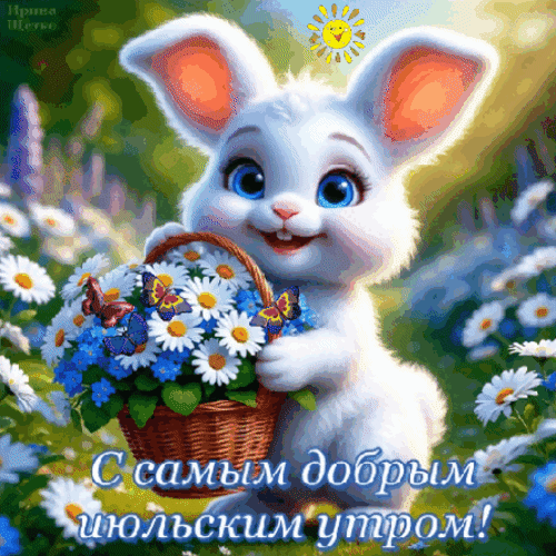 Милая открытка: белый кролик с корзиной ромашек и бабочек. Надпись: «С самым добрым июльским утром!». Солнечное летнее пожелание доброго утра. Анимированная открытка Доброе утро! Милая и яркая праздничная открытка с изображением пушистого белого кролика, который держит корзину с бело-желтыми ромашками и синими цветами. На картинке также изображены красивые бабочки и ласковое солнце. В нижней части расположена надпись на русском языке: «С самым добрым июльским утром!»