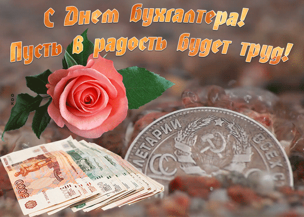 Поздравление с Днем бухгалтера: красивая роза, деньги и монета. Праздничная открытка с пожеланием радости в труде для коллег и специалистов. Анимированная открытка С днем бухгалтера Праздничная открытка к Дню бухгалтера с пожеланием радости в труде. На изображении представлена красивая розовая роза, стопка купюр в 5000 рублей и крупная серебряная монета с советской символикой (серп и молот)