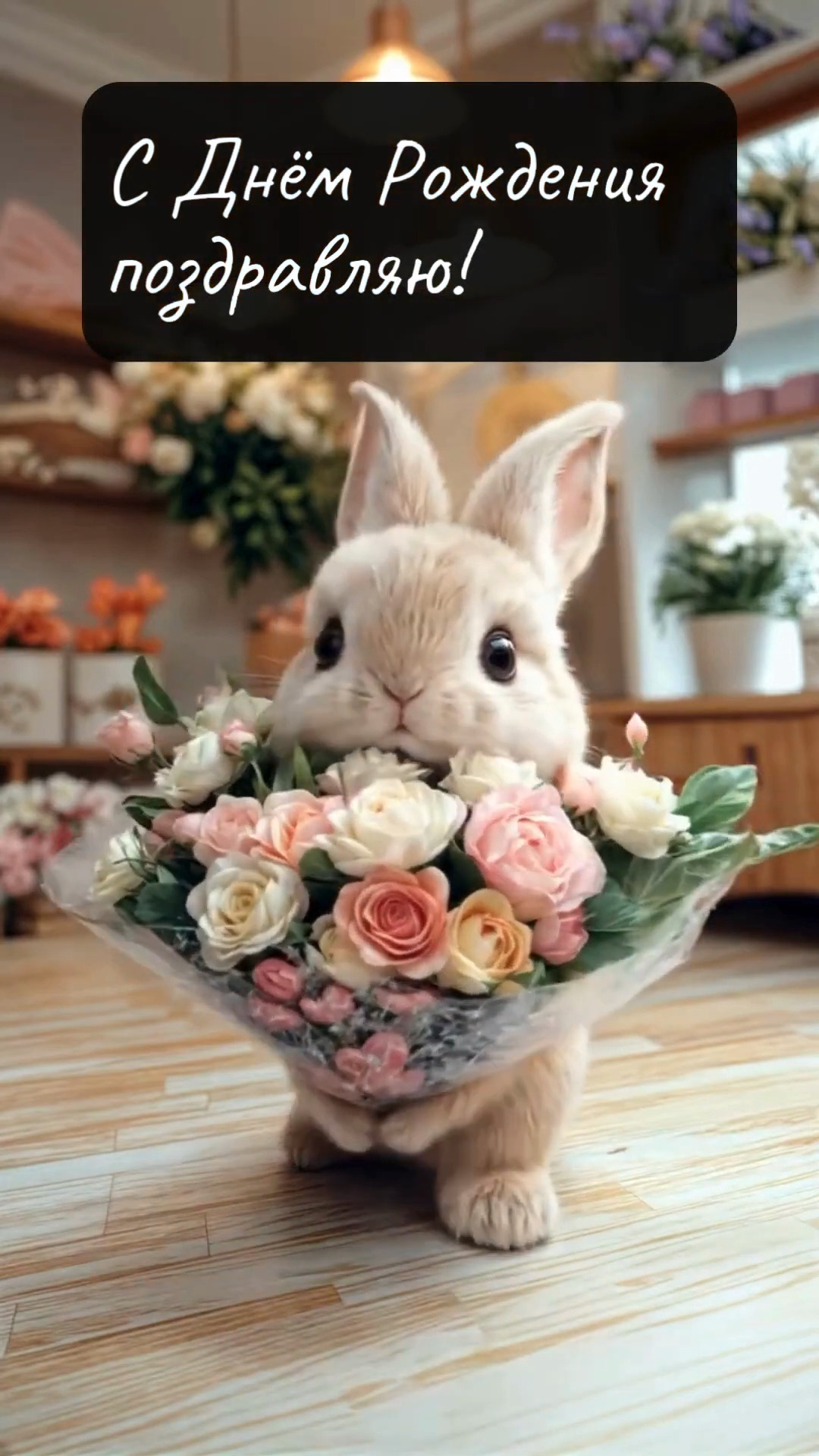 Открытка с днем рождения. 💐 Самой красивой и замечательной с Днем рождения a white rabbit holding a bouquet of flowers in it's mouth with the caption c, russian