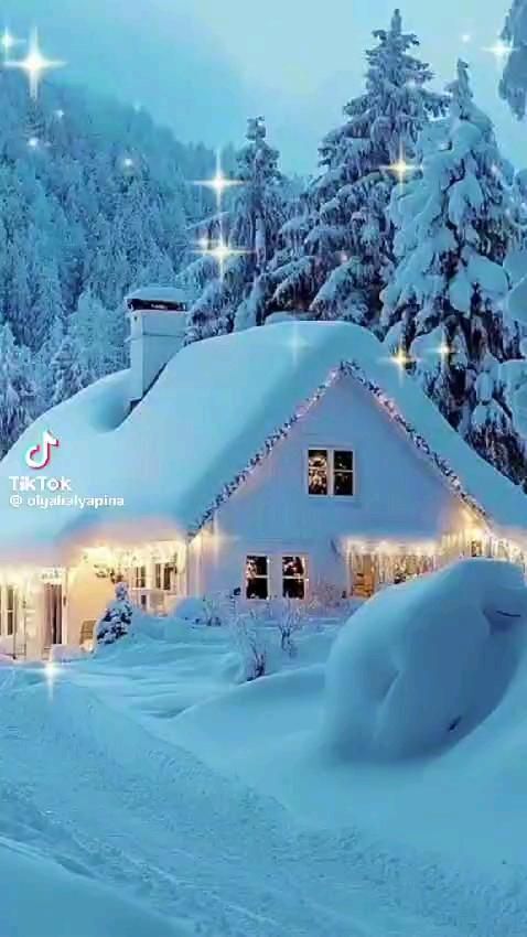 Открытка на Зиму. #открытка#добрый_вечер Тихого доброго вечера! 
😍🌺🍃🌼 a house covered in snow with christmas lights